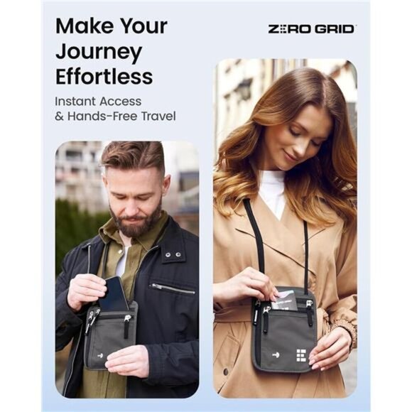 Zero Grid Travel Neck Wallet with RFID Blocking, Water-Resistant, Shadow, Unisex - Picture 6 of 7